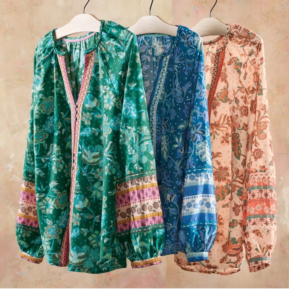 Sundance ‘Arvilla’ blue cobalt v-neck long sleeve floral boho blouse Small NEW - Picture 2 of 6